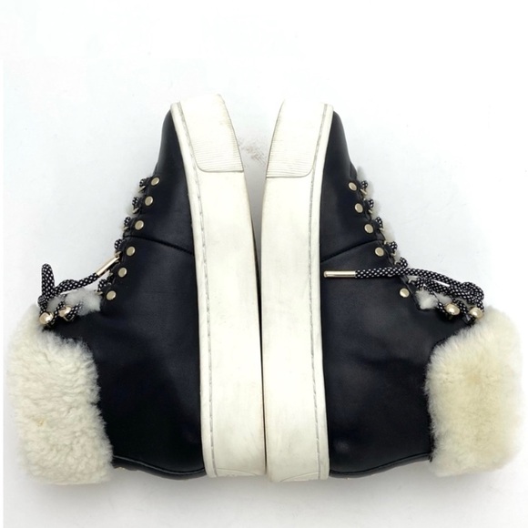JOIE Handan Shearling High-Top Fur Cuff Leather Platform Sneakers in Black Sz 5 - Picture 8 of 10